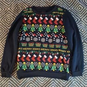 Ugly Christmas Sweater - Navy with Red and Green Festive Design